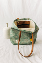 Load image into Gallery viewer, Wilson | Seaglass Tile Print Canvas + Brown Leather Tote
