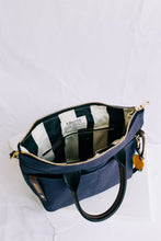 Load image into Gallery viewer, Dot | Signature Navy Canvas + Brown Leather Handbag
