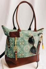 Load image into Gallery viewer, Williams | Seaglass Tile Print Canvas + Brown Leather Handbag
